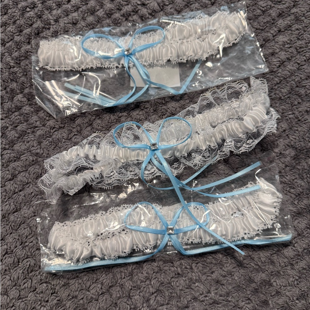 White Lace Garters with Blue Ribbon